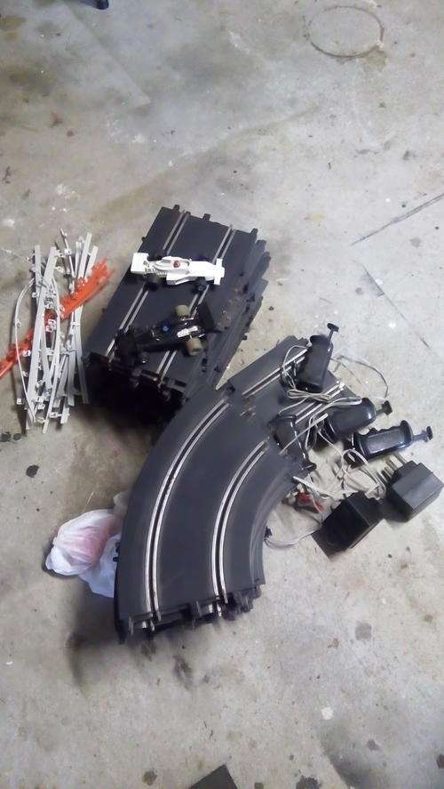 Polistil set - Box full of tracks,  2 cars (for parts) and other stuff.